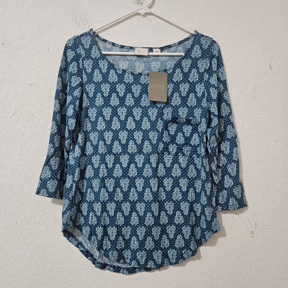 Anthropologie Postmark Blue Floral Damask 3/4 Sleeve Top